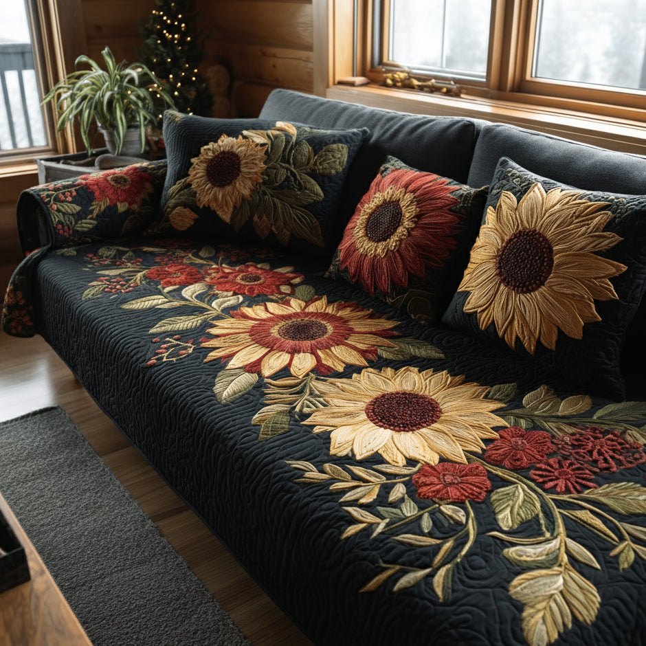 Sunflower on Black Vine Ground Sofa Cover