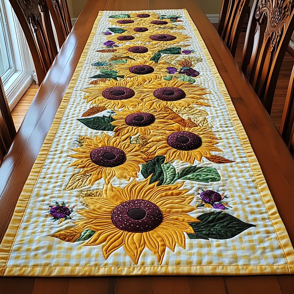 Sunflowers on Green Gingham Table Runner