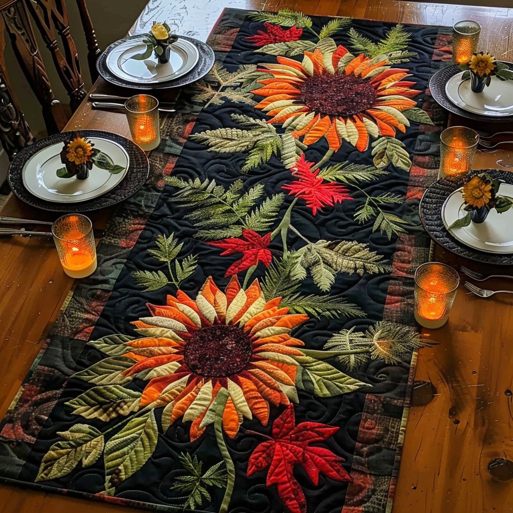 Sunflowers with Autumn Leaves on Dark Table Runner