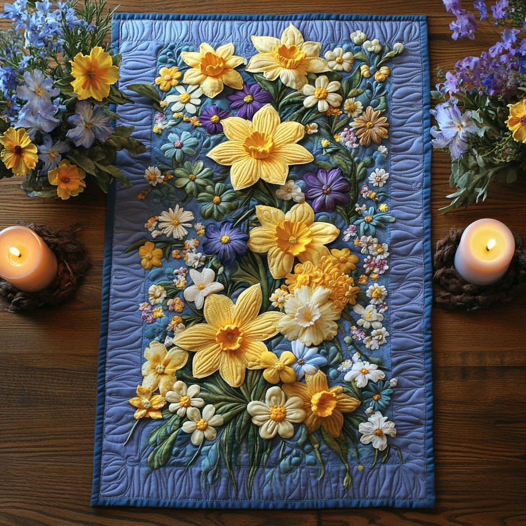 Yellow Daffodils on Blue Table Runner