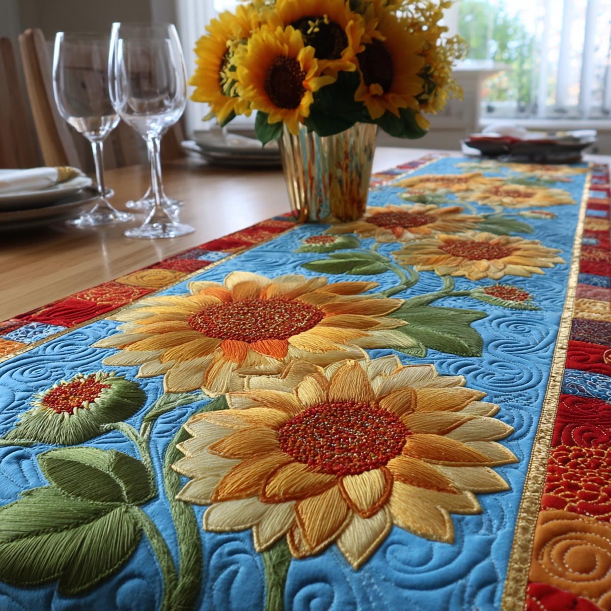 Sunflower on Blue Swirls Table Runner