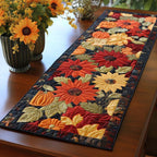Autumn Blooms and Leaves on Black Table Runner