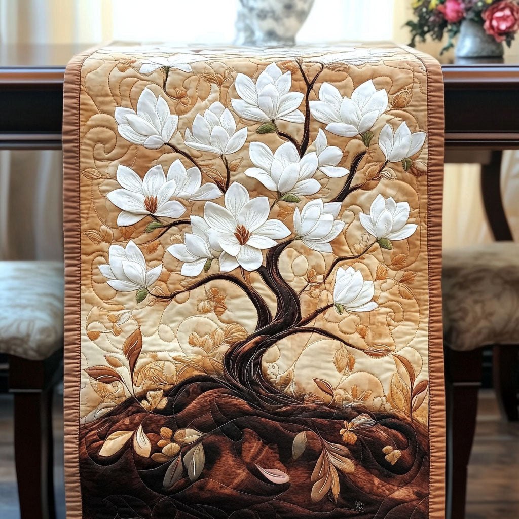 White Magnolia Tree on Cream Table Runner