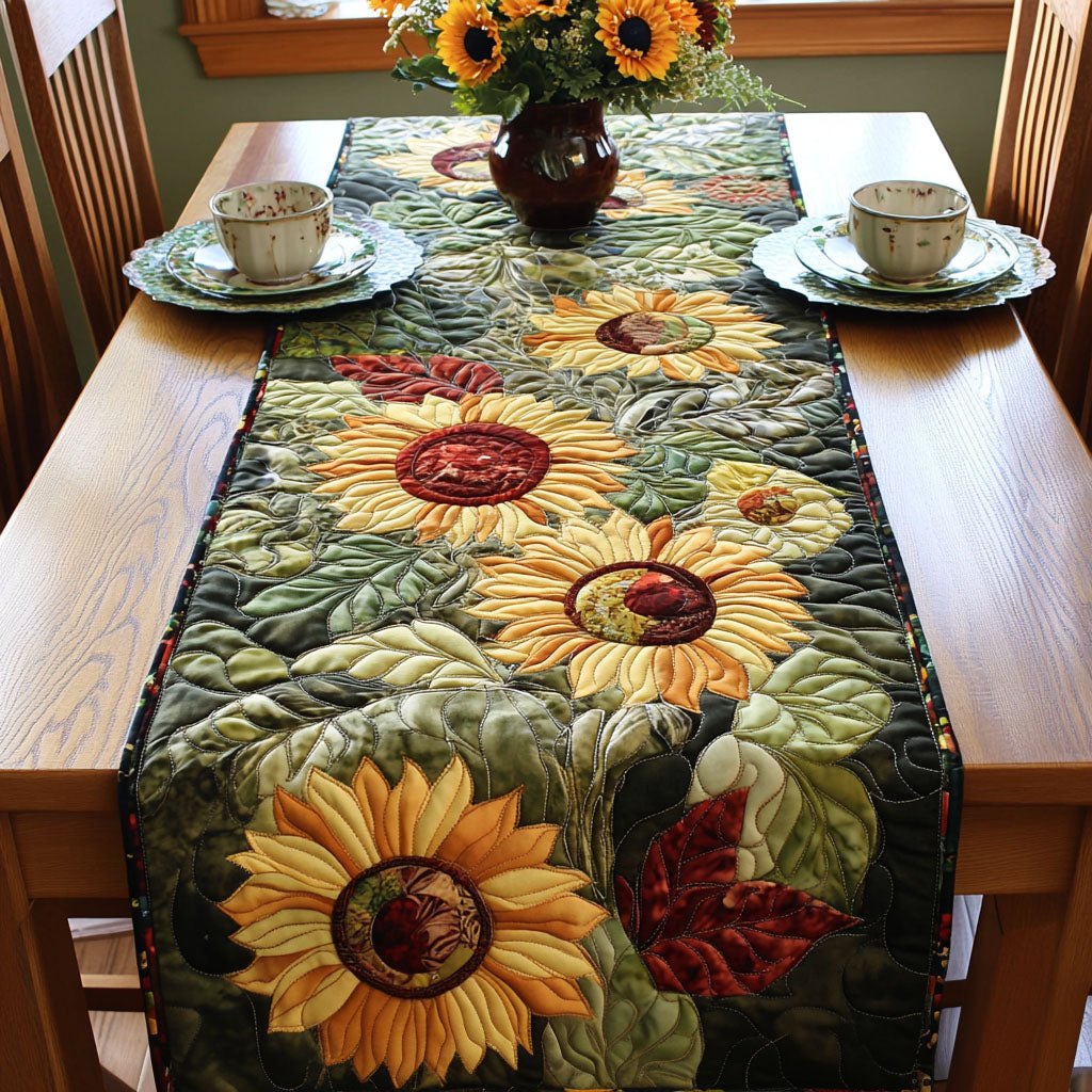 Sunflower on Dark Green Leaves Table Runner