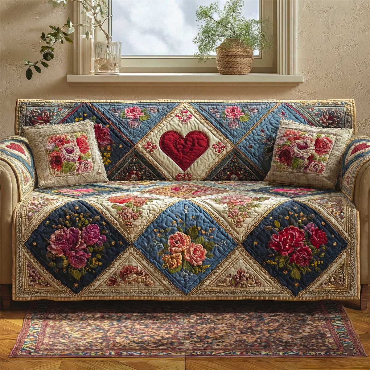 Golden Blossom Heart Sofa Cover