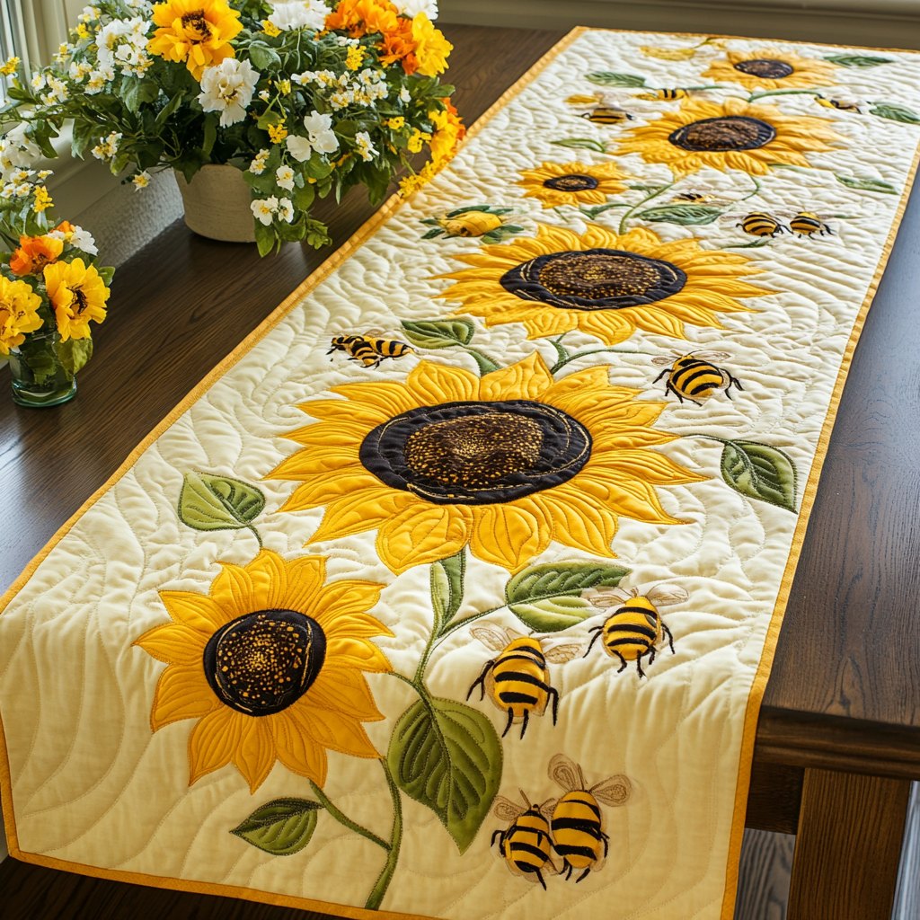 Sunflowers and Bees on Yellow Table Runner