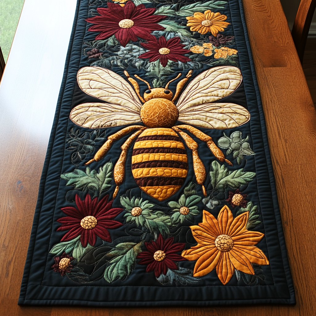Golden Bee with Flowers on Black Table Runner