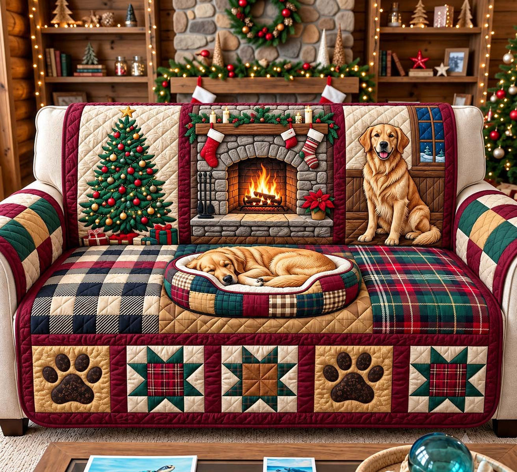 Golden Christmas Fireplace Sofa Cover