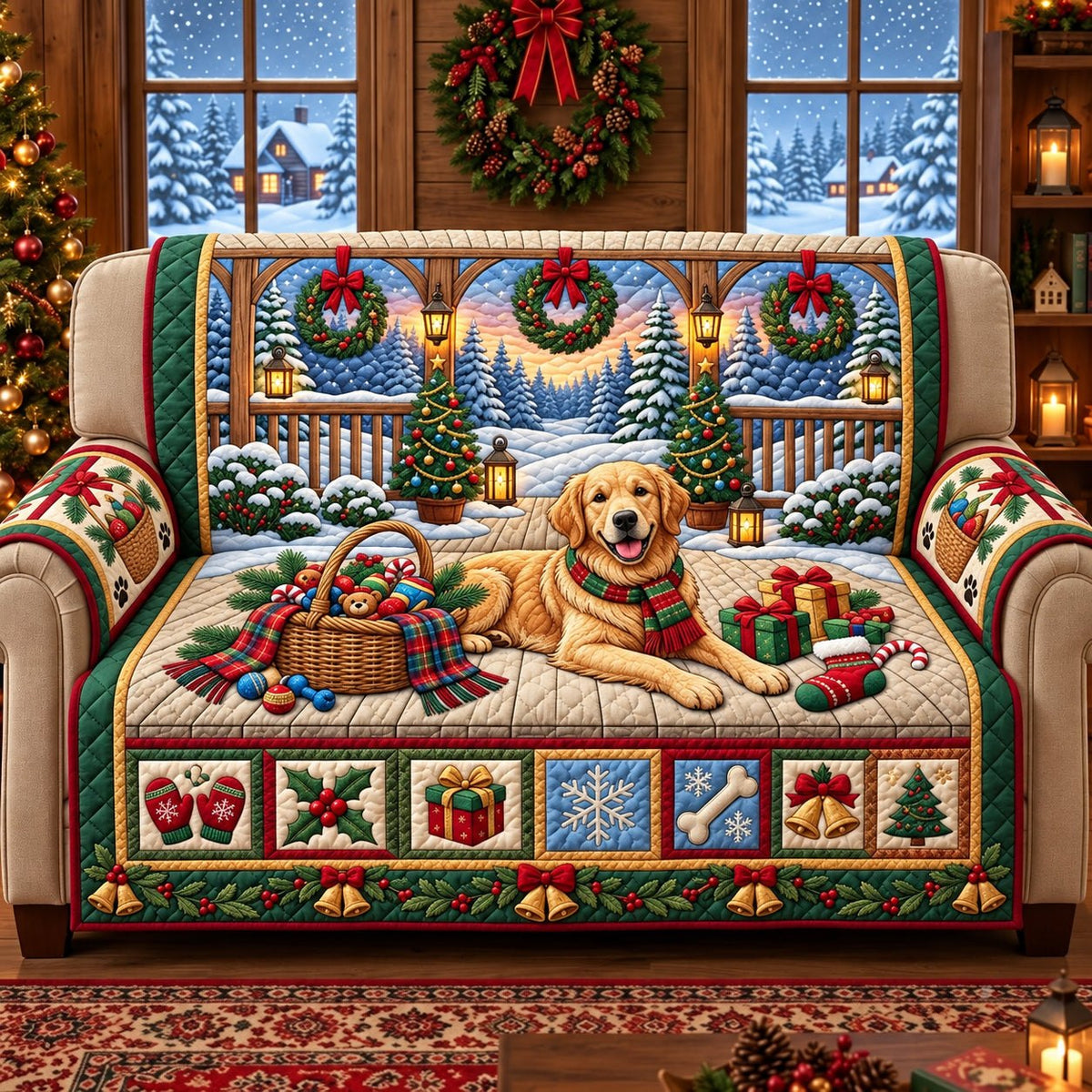 Window Wreath Golden Retriever Sofa Cover