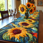 Golden Fields Sunflowers on Swirling Blue Table Runner