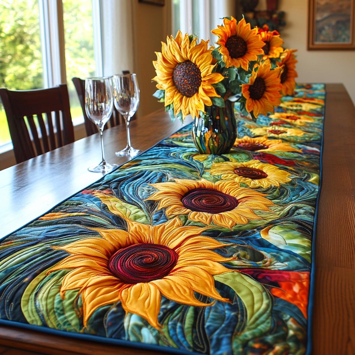 Golden Fields Sunflowers on Swirling Blue Table Runner