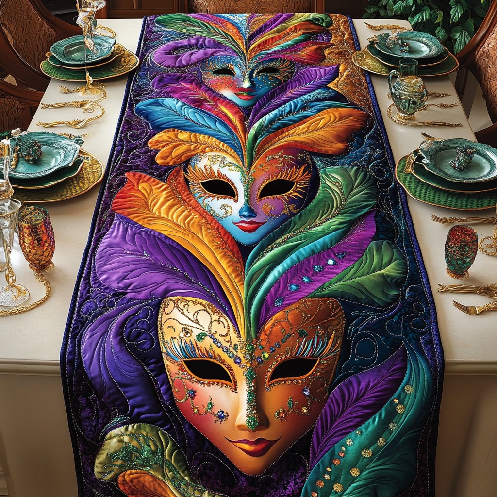 Feathered Carnival Masks in Purple Table Runner