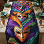 Feathered Carnival Masks in Purple Table Runner