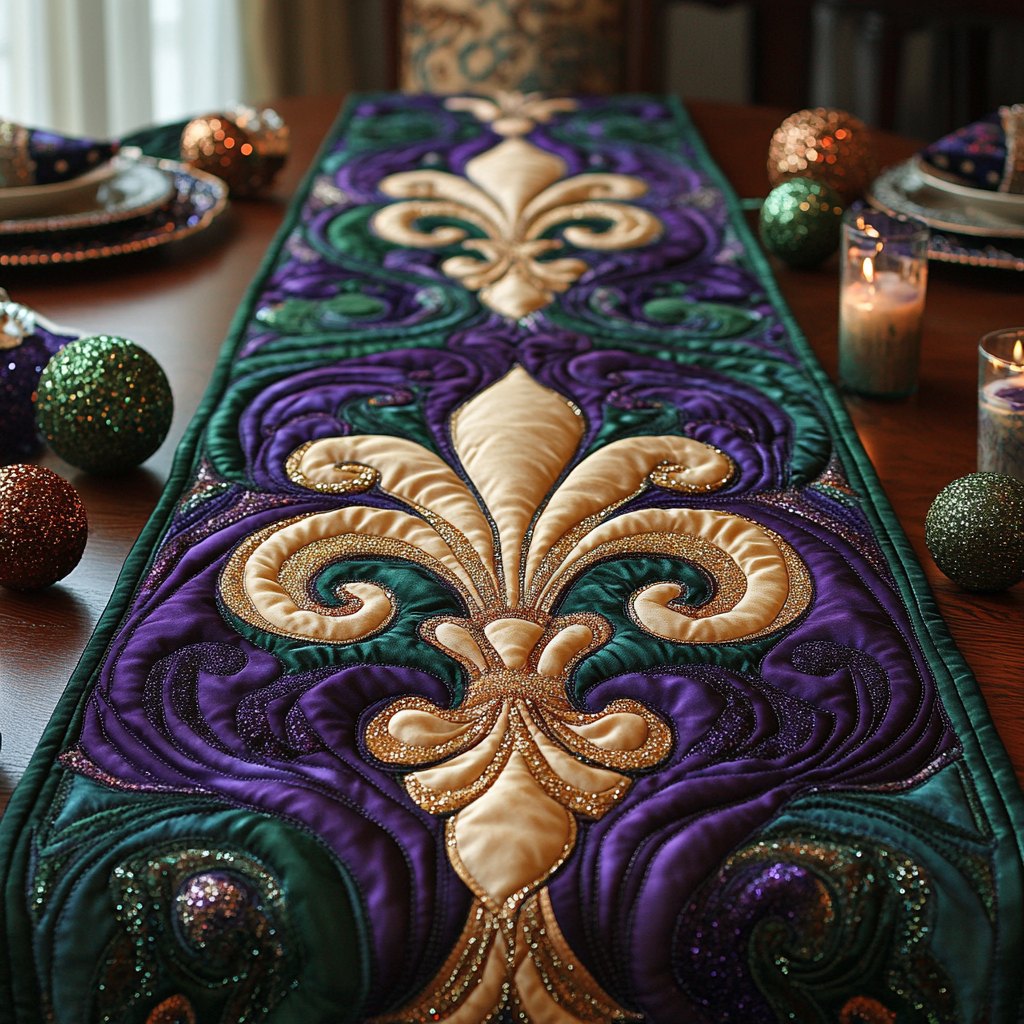Golden Fleur de Lis on Purple Table Runner