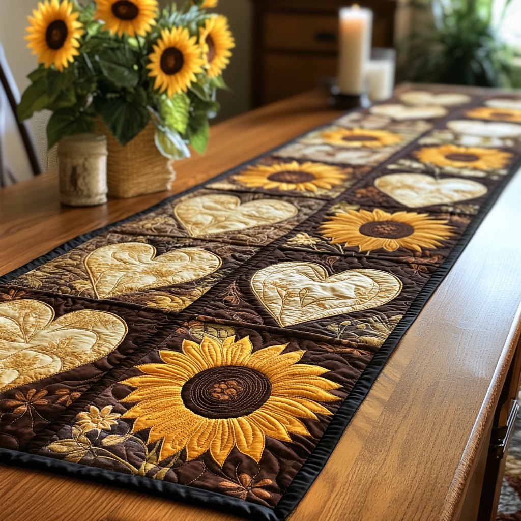 Sunflower and Heart Quilt Blocks Table Runner