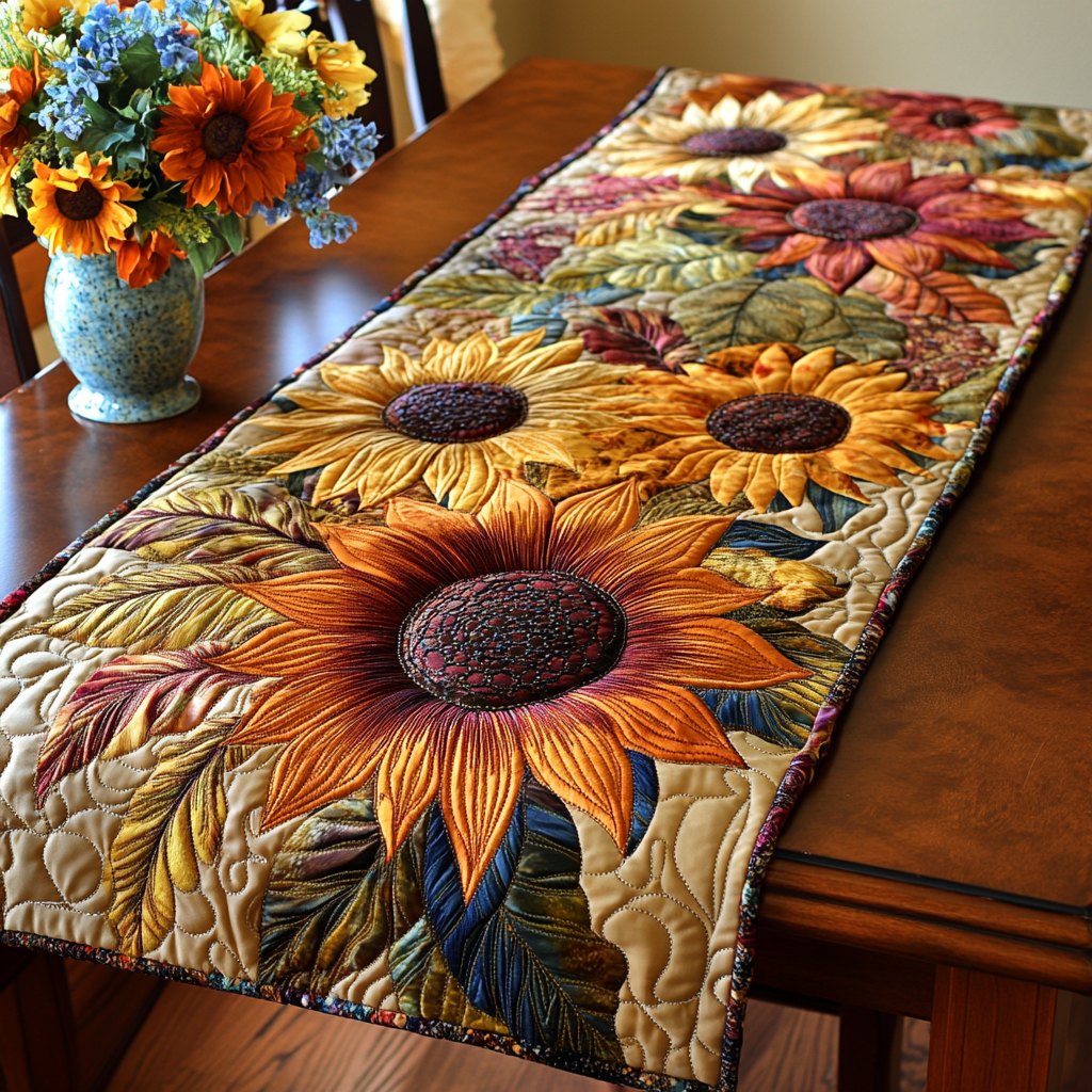 Sunflowers on Golden Green Ground Table Runner