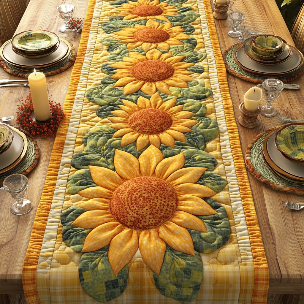 Sunflower on Green and Yellow Stripes Table Runner