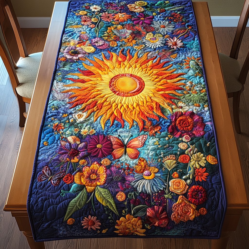 Sunflower over Colorful Flower Bed Table Runner
