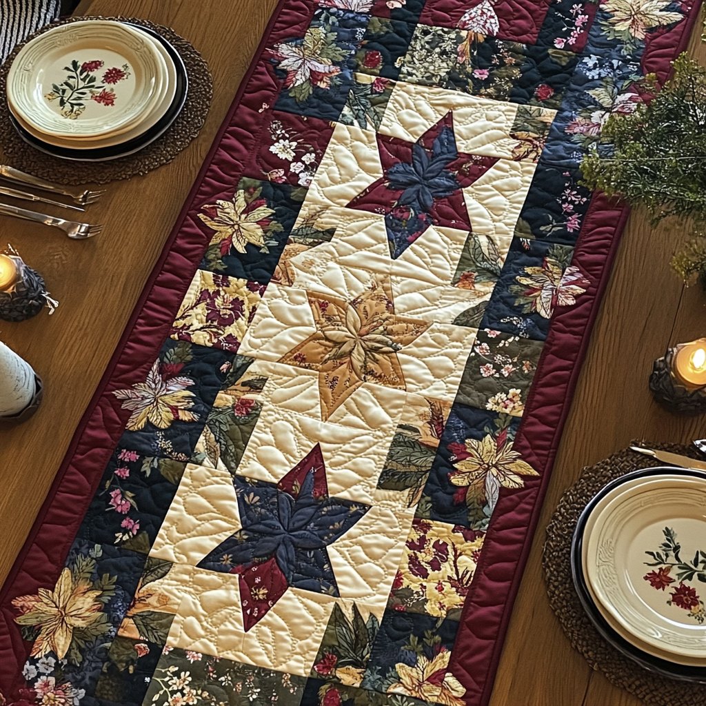 Star Blocks in Burgundy and Cream Table Runner