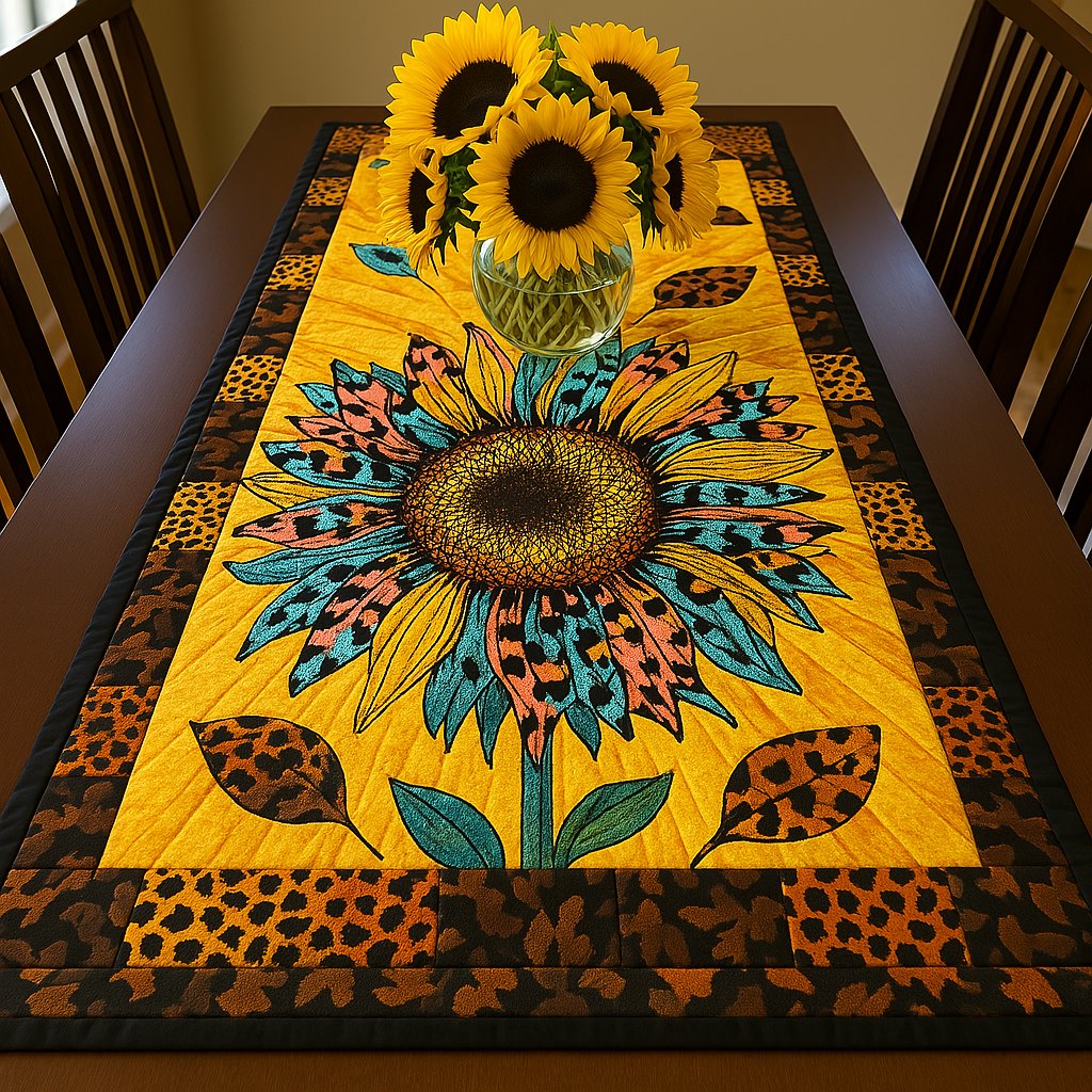 Sunflower with Leopard Print Border Table Runner