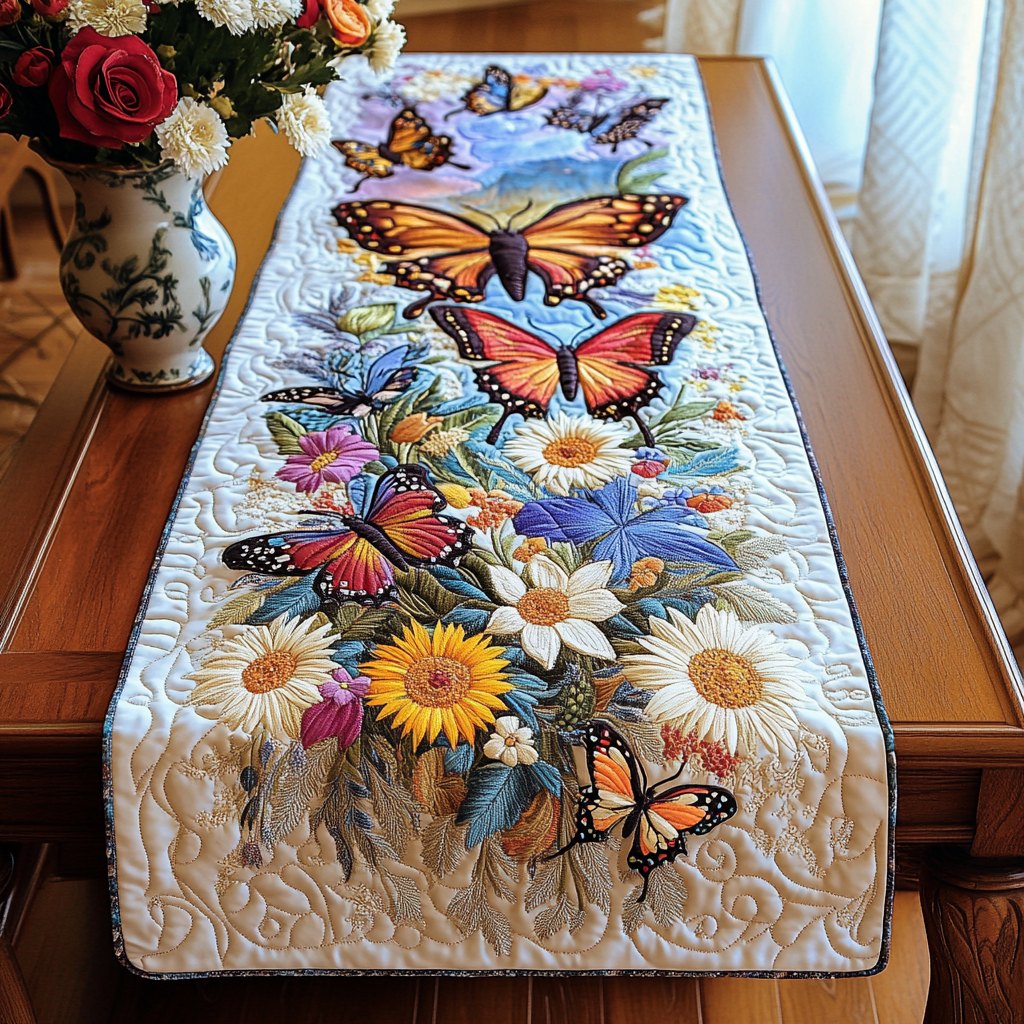 Butterflies over Daisy Bouquet Table Runner