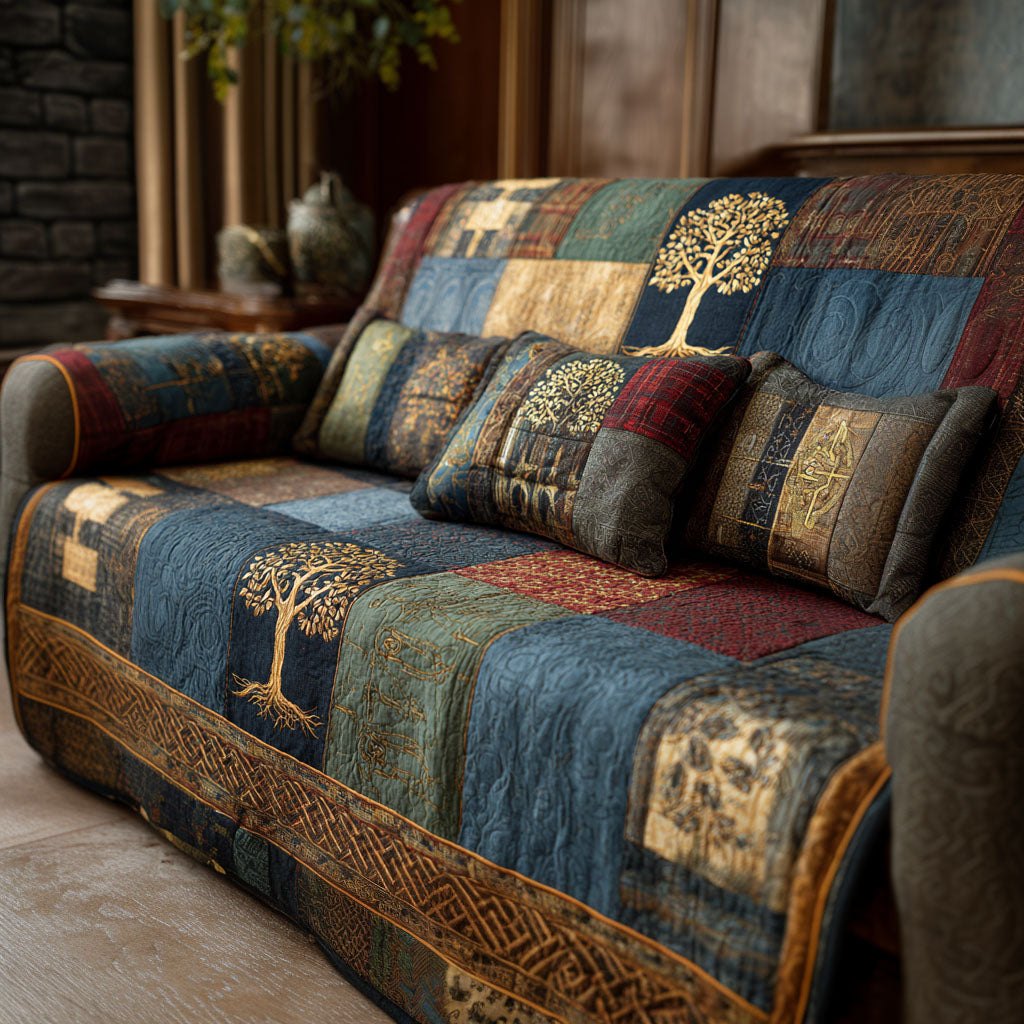 Tree of Life on Blue Patchwork Sofa Cover