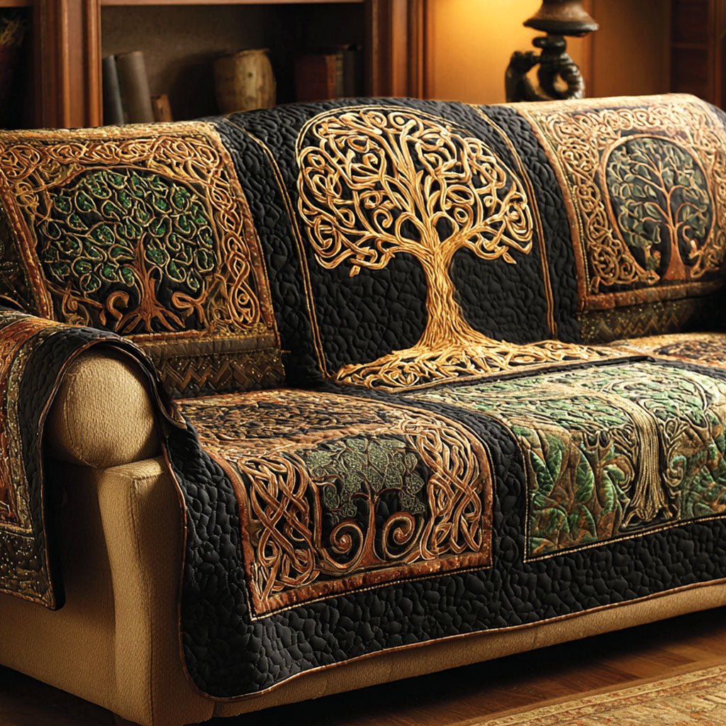 Golden Tree of Life on Black Sofa Cover