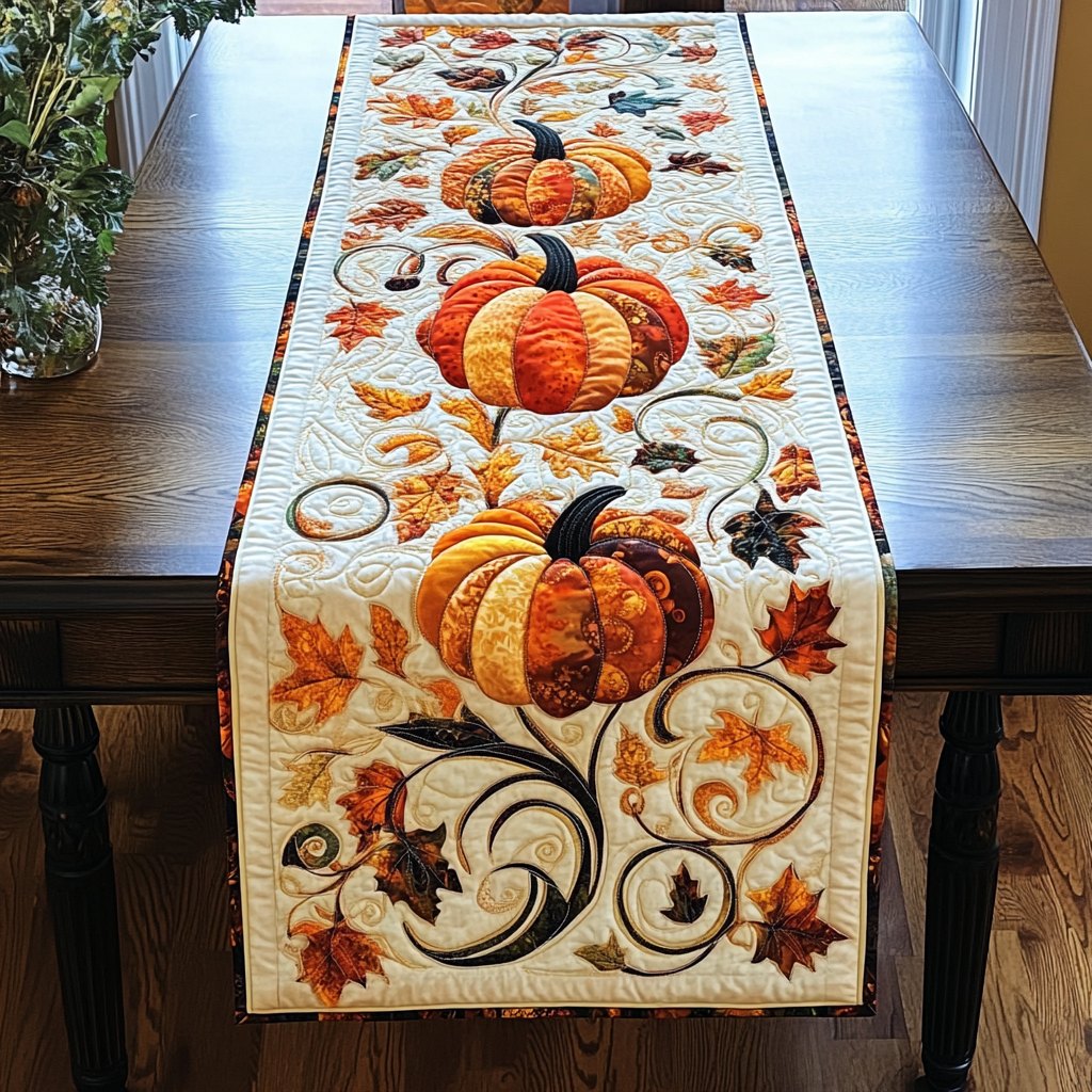 Pumpkin with Autumn Leaves on Cream Table Runner