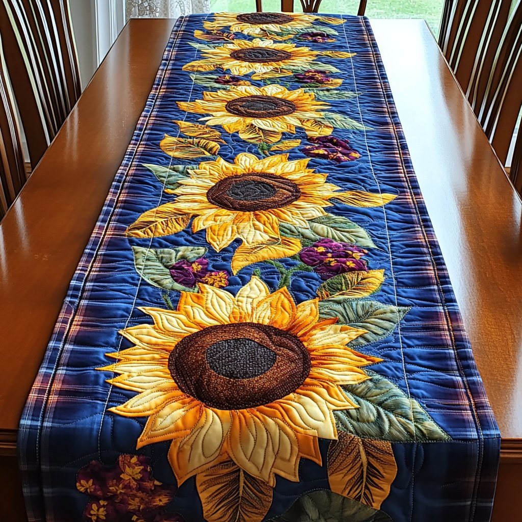 Sunflowers on Blue Plaid Table Runner