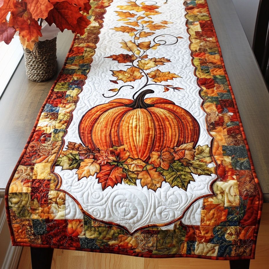 Big Pumpkin with Leaves on White Table Runner