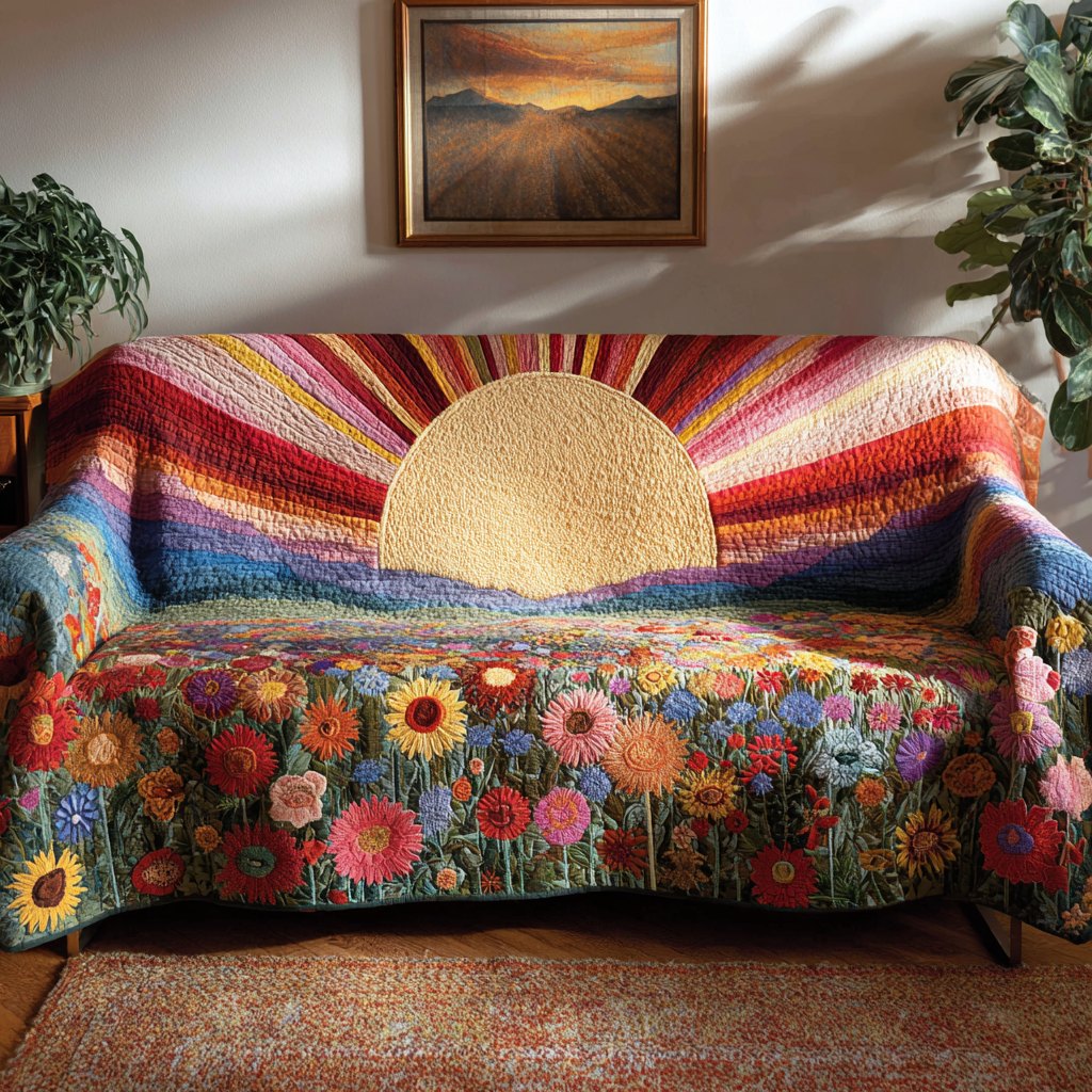 Striped Sunrise Above the Daisy Field Sofa Cover