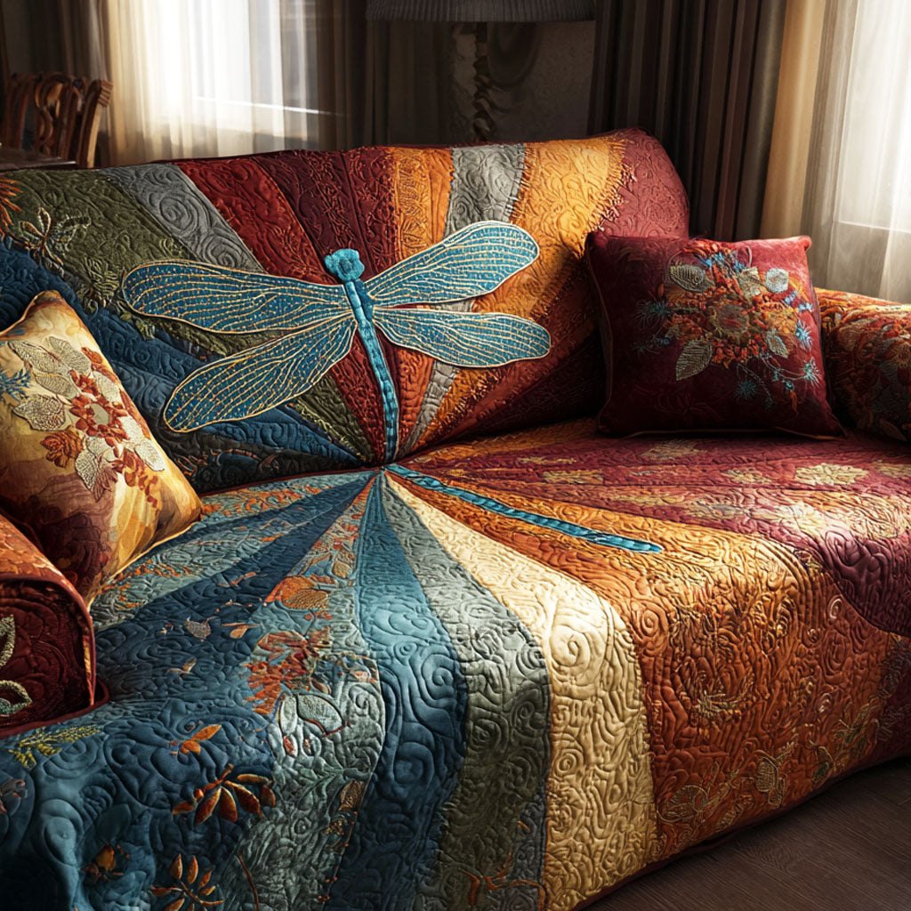 Dragonfly on the Teal and Copper Fan Sofa Cover