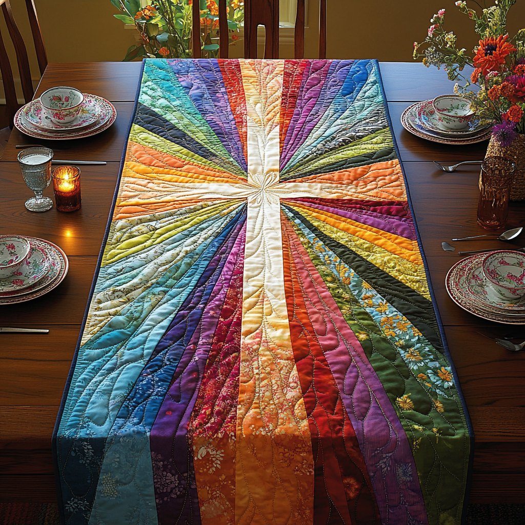 Radiant Cross on Rainbow Rays Table Runner