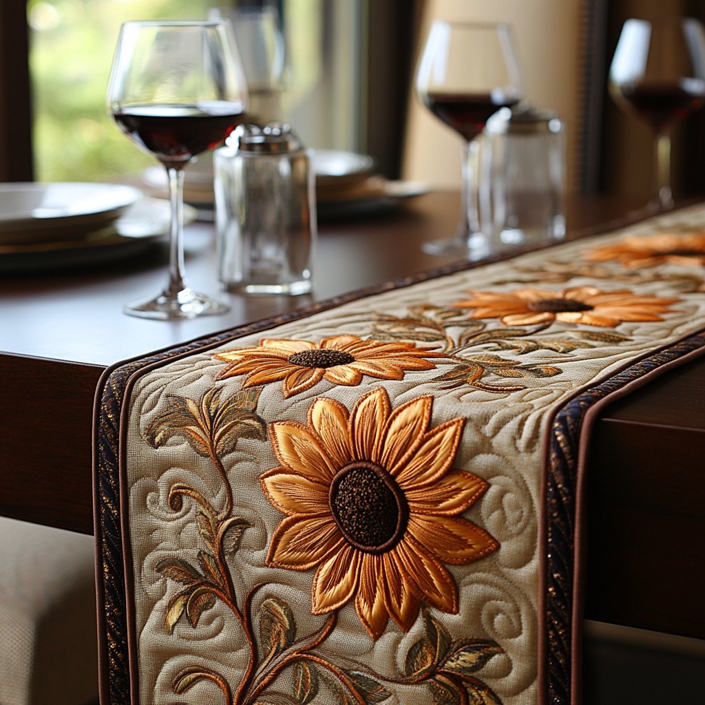 Single Sunflower on Ivory Damask Table Runner