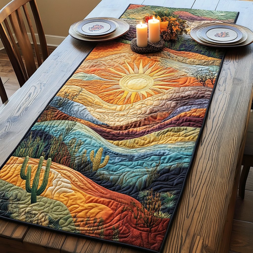 Sun over Desert Dunes and Cactus Table Runner