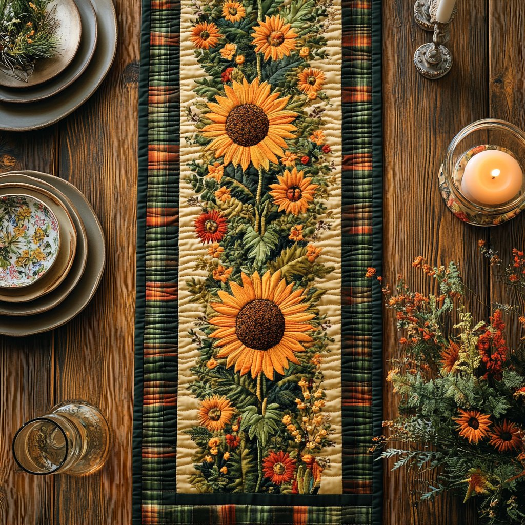 Sunflowers on Green Stripes Table Runner