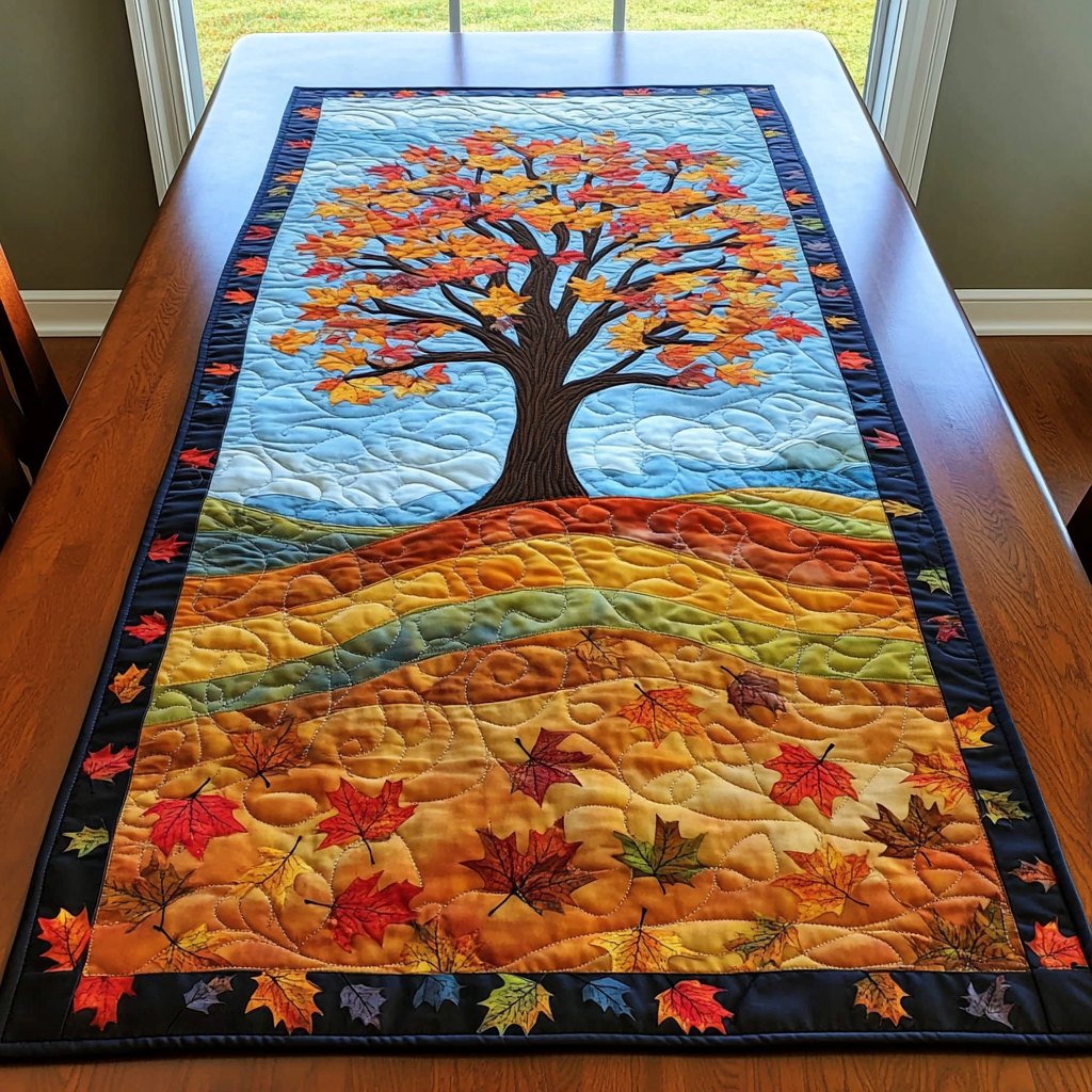 Autumn Tree on Leafy Hill Table Runner