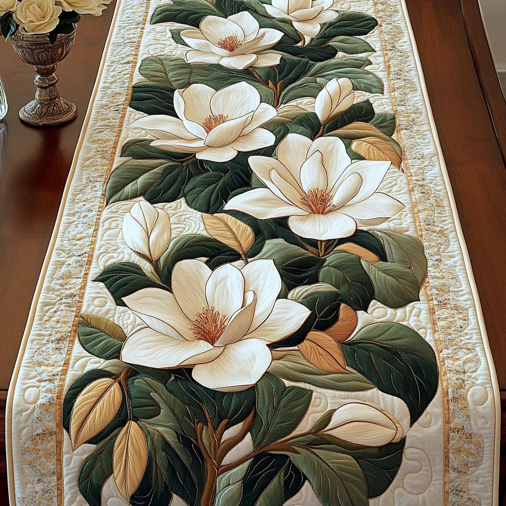Golden Magnolia Bloom Table Runner