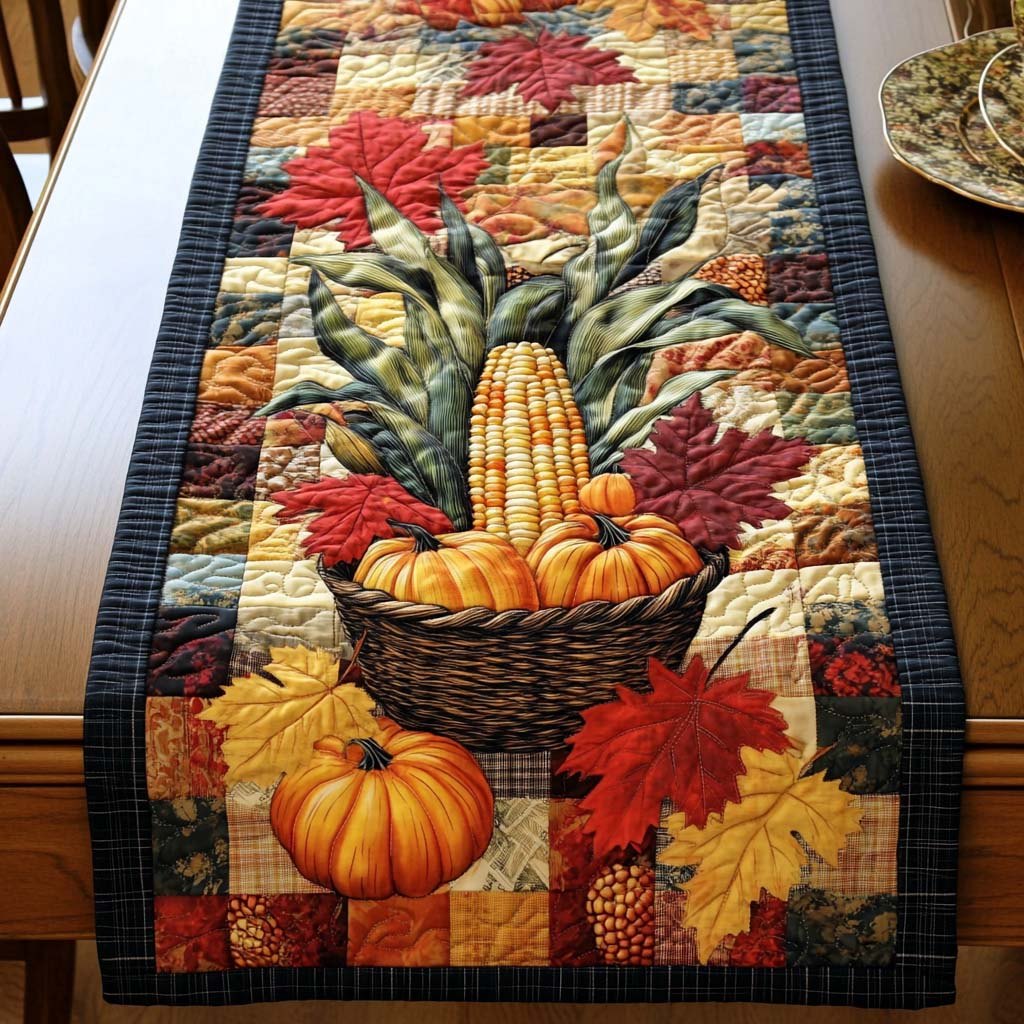 Pumpkin Basket with Autumn Leaves Table Runner