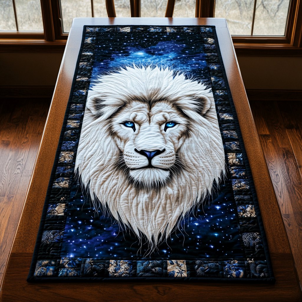 White Lion Face on Starry Blue Table Runner