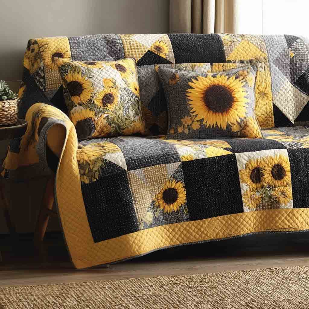Sunflowers on Black and Yellow Checks Sofa Cover