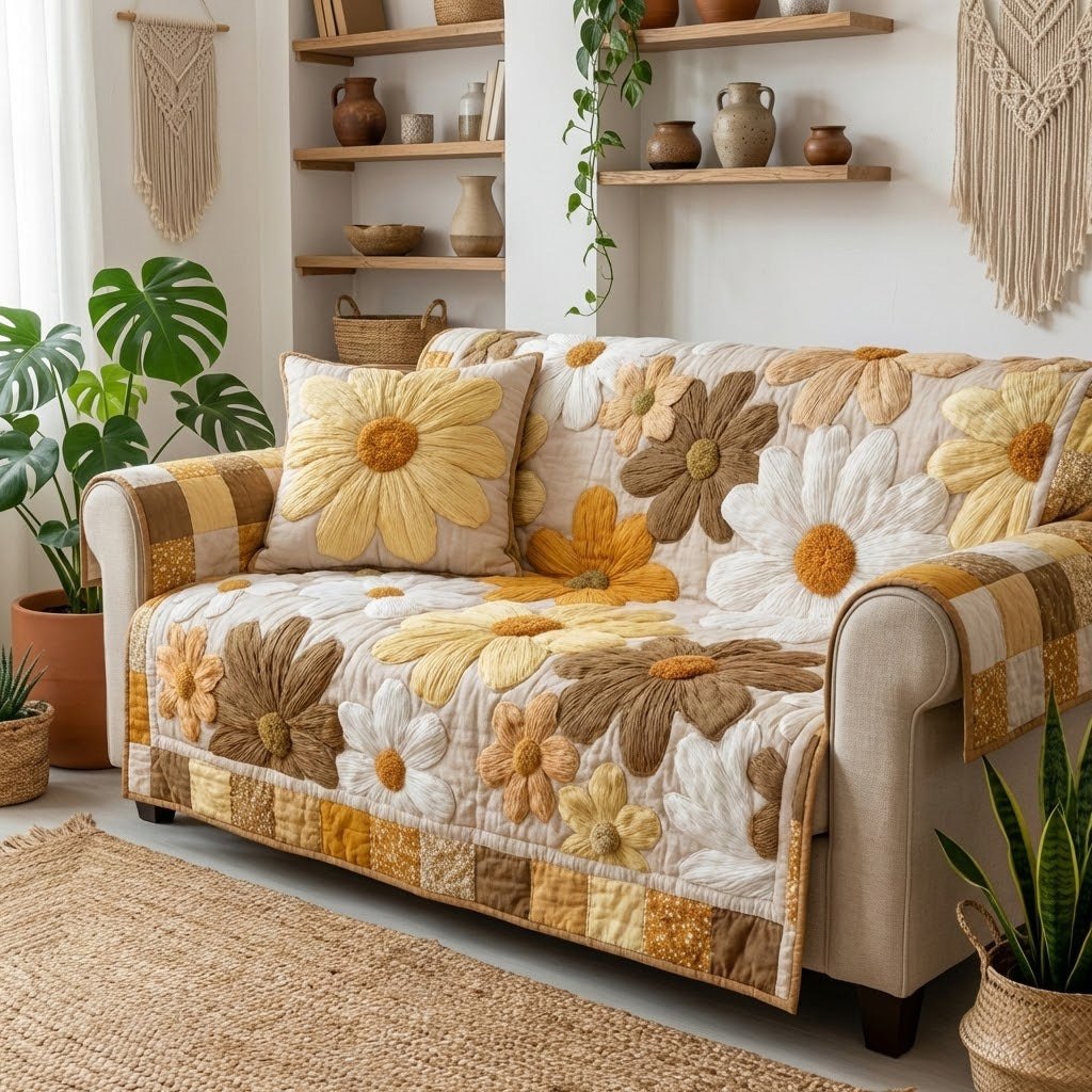Cream Daisies on Ivory Quilting Sofa Cover