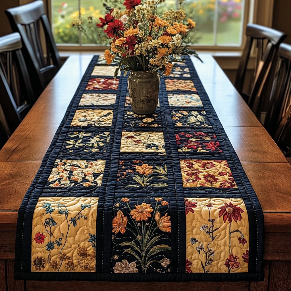 Floral Blocks on Navy Grid Table Runner