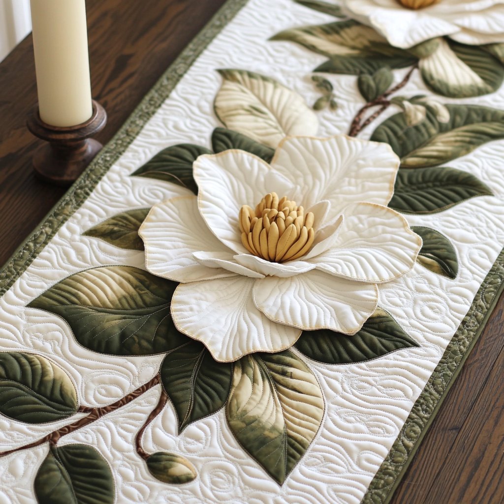 White Magnolia with Green Leaves on Cream Table Runner