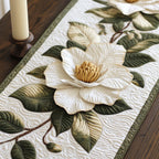 White Magnolia with Green Leaves on Cream Table Runner