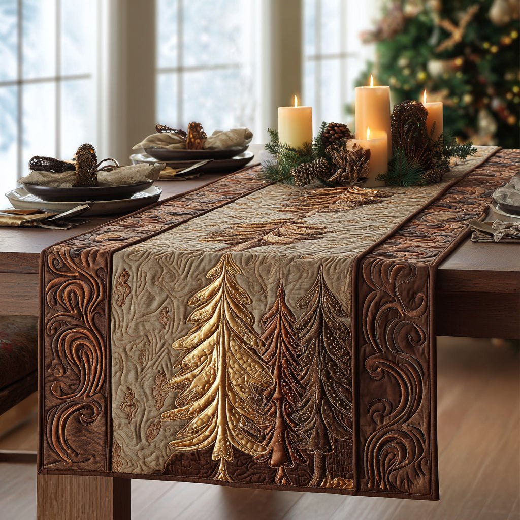Quilted Pine Tree in Beige Table Runner