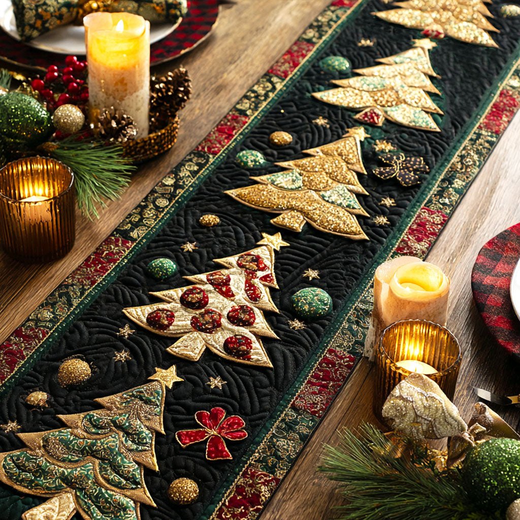 Christmas Trees with Ornaments on Navy Table Runner