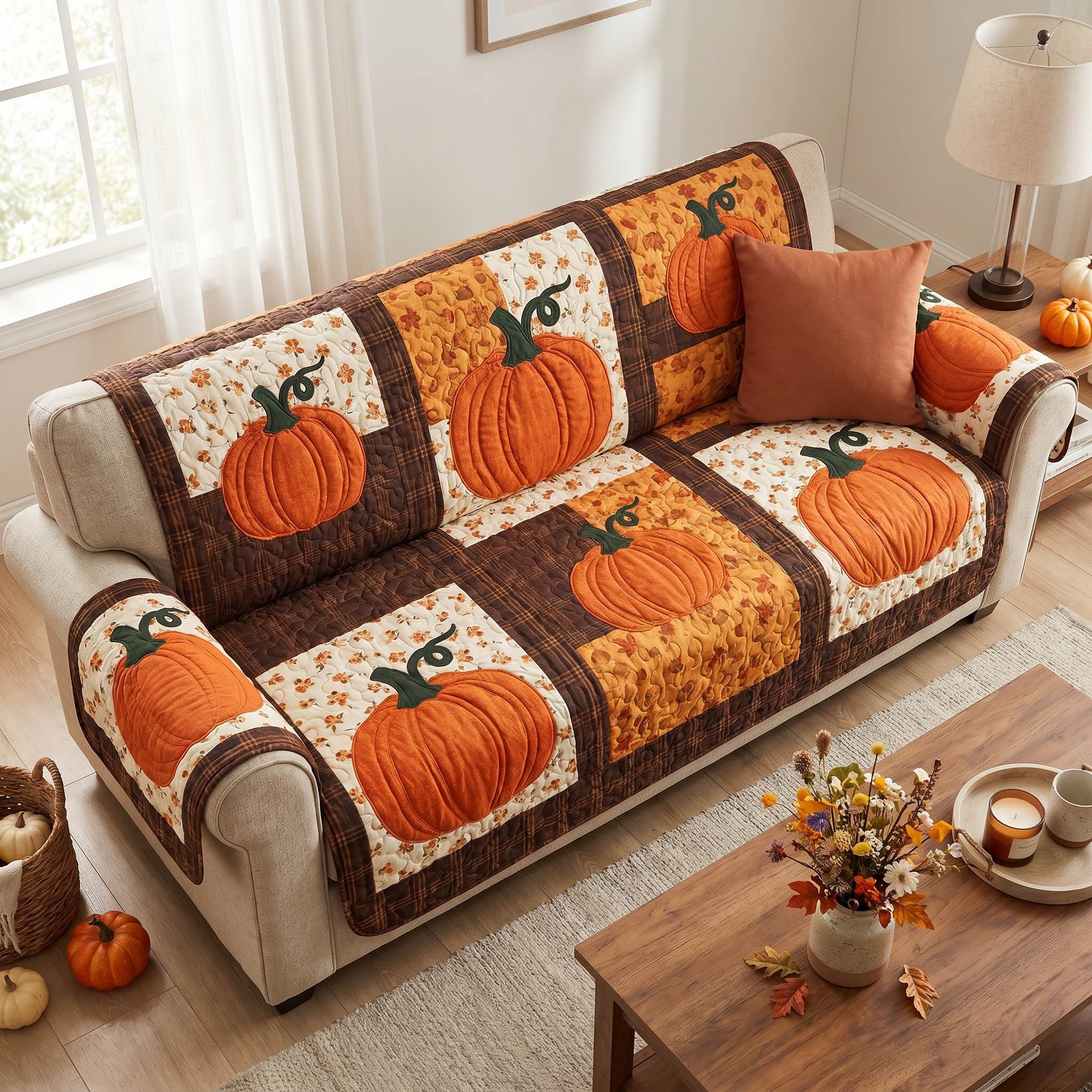 Orange Pumpkins on Cream Squares Sofa Cover