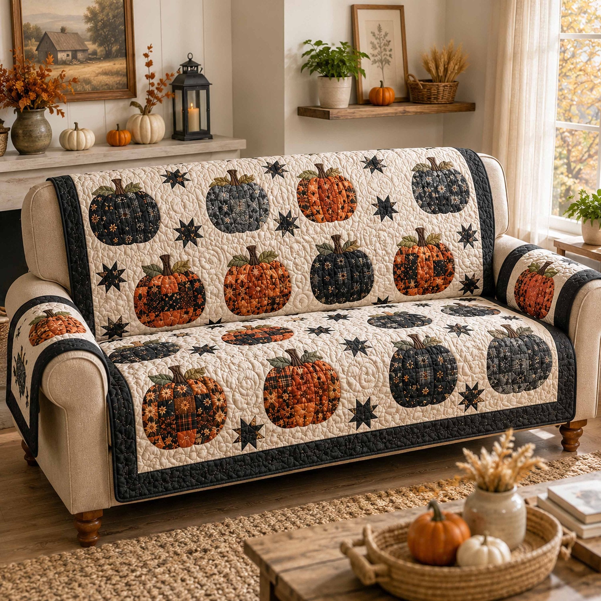 Patterned Pumpkins with Black Stars Sofa Cover