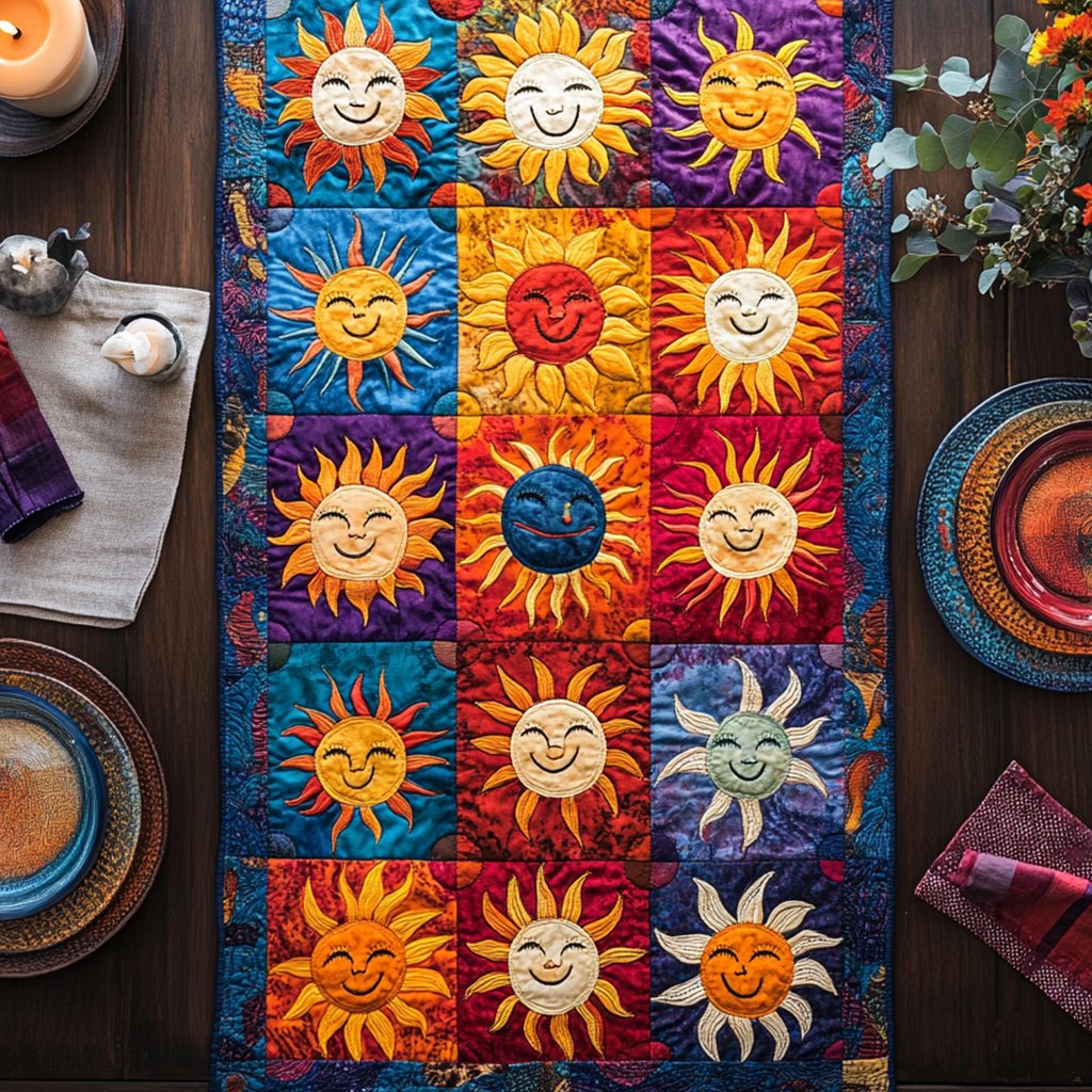 Smiling Sun Face Squares Table Runner